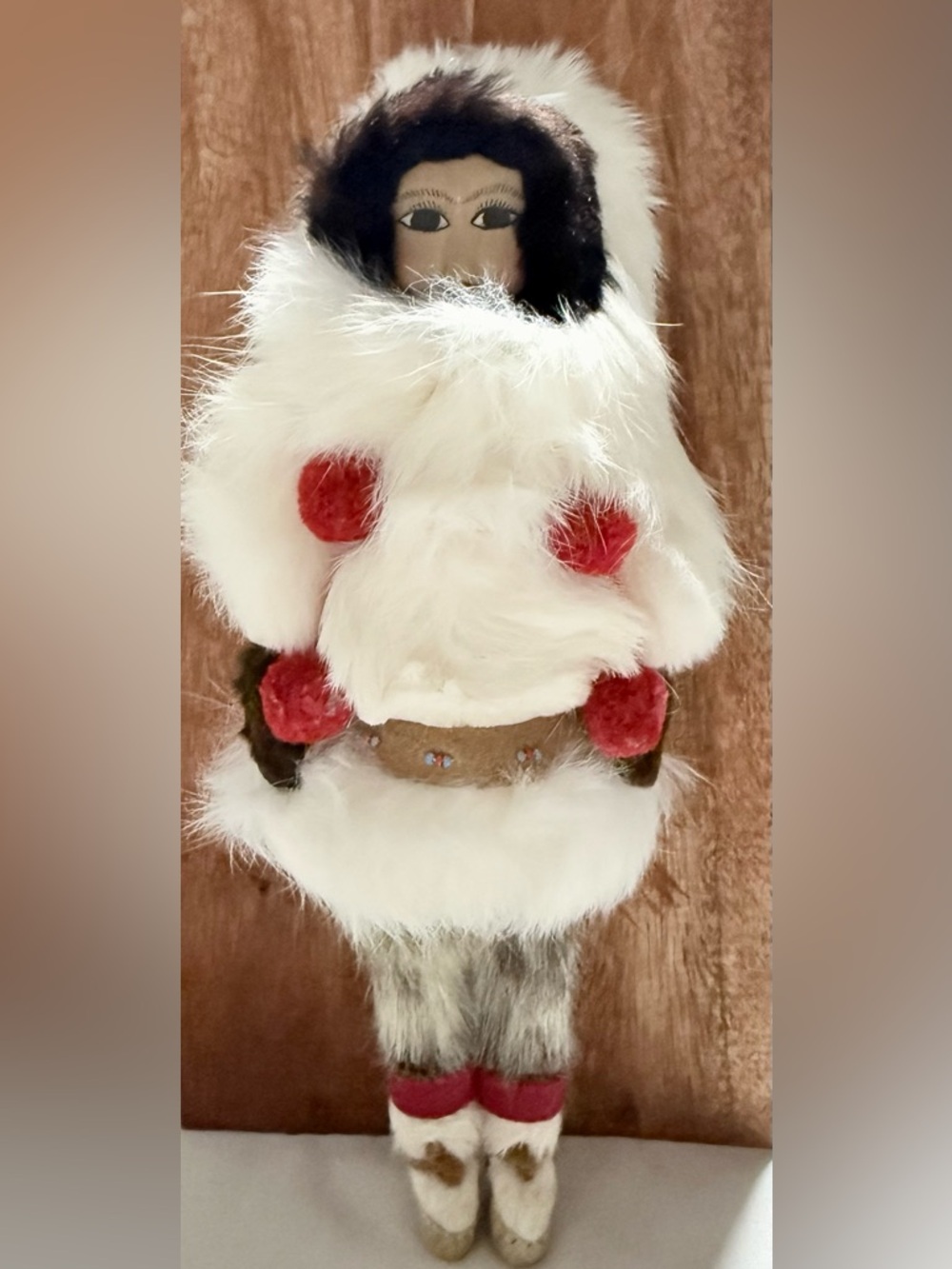 Eskimo Native American Girl Doll wearing Rabbit Fur Leather North Pole 9” Tall